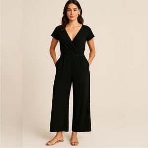 LOFT Black Flare Sleeve V-neck Crop Jumpsuit